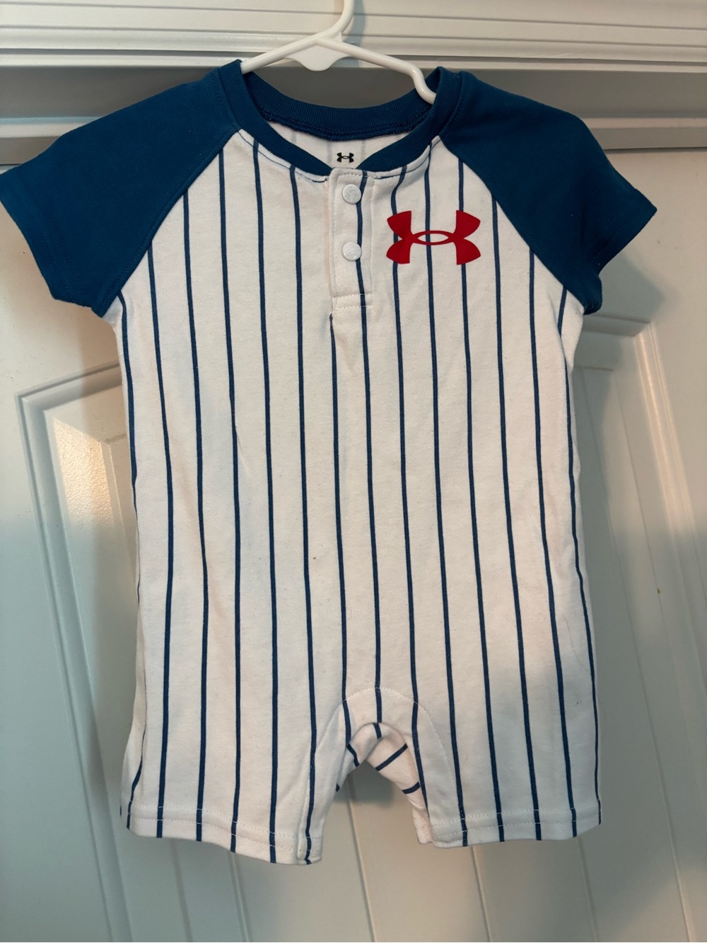 Under Armour Navy & White Pinstripe Baby Romper with Red Logo 6/9M